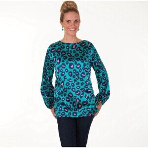 Tracy Negoshian Womens Teal Pink Navy Animal Print Satin Long Sleeve Blouse sz M